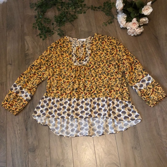 Dr2 Plus Floral Top Flowy Yellow Long Sleeve Boho - Picture 1 of 8